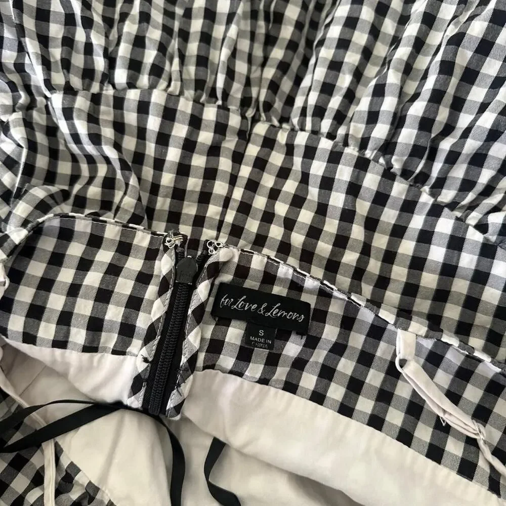 For Love and Lemons Gingham Midi Dress Black White Bow Tie Size S - Picture 7 of 7